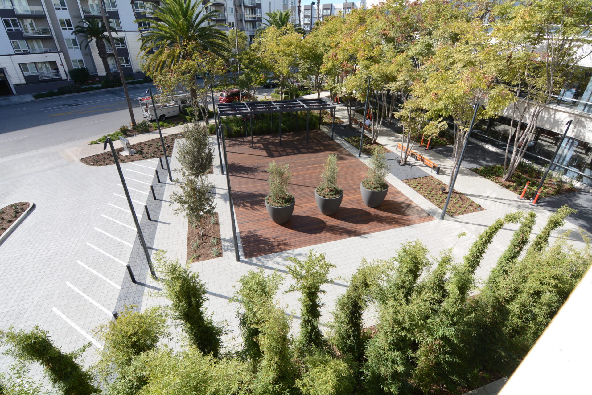 A commercial outdoor space with plants